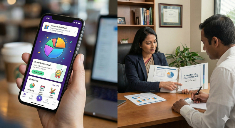 On the left, a hand holds a smartphone displaying a gamified fintech app with colorful charts and rewards. On the right, an Indian fiduciary financial advisor in a professional office reviews a 'Financial Blueprint & RiaFin Doctrine' binder with an Indian client.