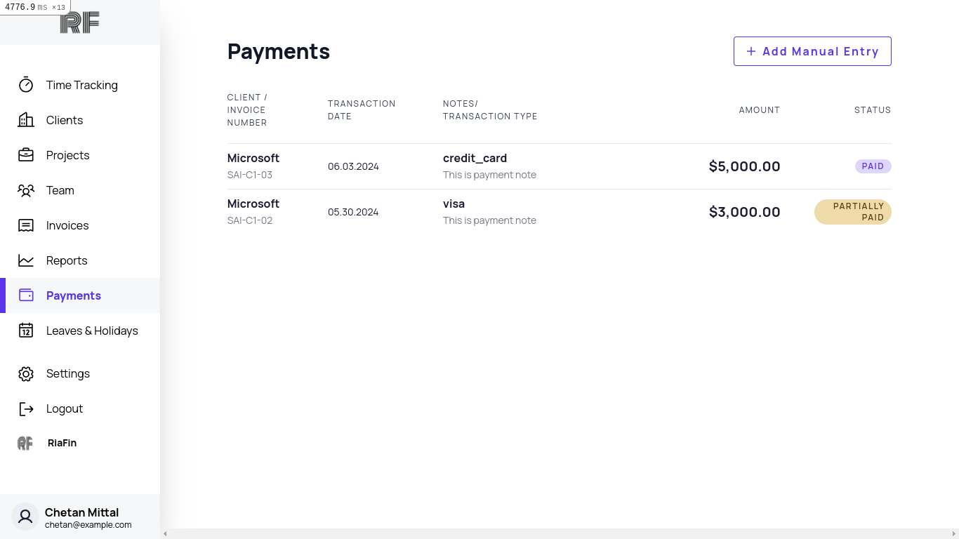 RiaFin Time Tracker - Payments
